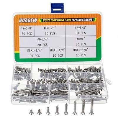8 Sizes 180 Pcs #8x3/8-#8x1-5/8 M4.2 mm 304 Stainless Steel countersunk Cross recessed self-Tapping Screw Classification kit