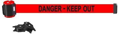 Banner Stakes 15 ft Crowd Control Safety Multi-Surface Wall Mount Retractable Belt - Red "Danger - Keep Out" Banner - Magnetic & Non-Magnetic Surfaces - 2 Suction Cups (MH1509)