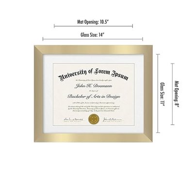 Americanflat 11x14 Diploma Frame with Shatter-Resistant Glass - Use as 8.5x11 Frame with Mat or Display 11x14 Documents Without Mat - Certificate Frames with Engineered Wood for Wall Display - Gold | Engineered Wood construction, Shatter-resistant glass, displays diplomas, certificates and documents