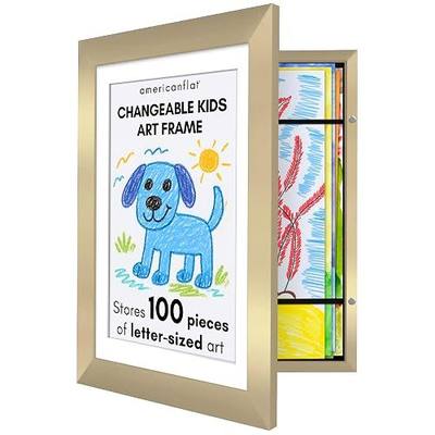 Americanflat Kids Artwork Frame Changeable (Gold) - Magnetic Door Holds 100 Art Pieces - 8.5x11 Letter Size Display with Mat or 10x12.5 Without Mat - My Mini Masterpiece | Holds 100 art pieces, magnetic front door, built-in keyholes for wall display, stores finished artwork
