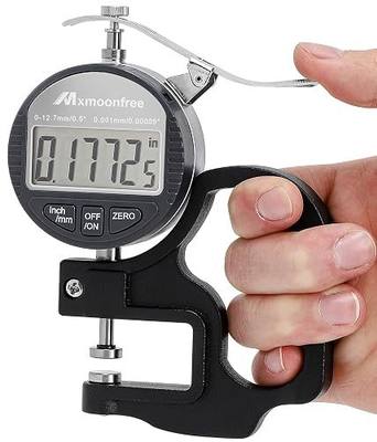 Digital Thickness Gauge 0-12.7mm/0.5inch 0.001mm High Resolution | Micrometer flat contact plates, 28mm throat depth, constant spring tension, unit conversion, storage case, battery included