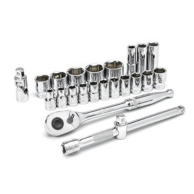 SATA 23 Pc. 1/2 Inch Drive 6-Point Standard and Deep Socket Set with 72T Ratchet, Metric - ST09005U-02