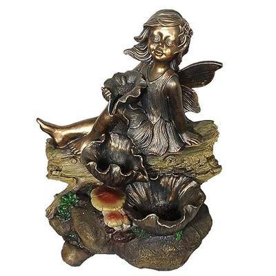 OUTOUR Floral Fairy Waterfall Fountain 17.3''Lx11.8''Wx21.2''H 3 Tiers Angel Statue Garden Decor Outdoor Waterfall Floor Fountain Sculpture LED Lights Bronze