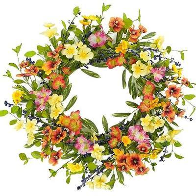20 inch Spring Summer Wreaths for Front Door Floral Wreath with Colorful Wildflowers,Eucalyptus Leaves,Olive Leaves,Small Berries for Indoor Outdoor Farmhouse Home Wall Window Festival Decoration