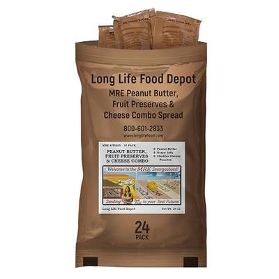 MRE Peanut Butter, Jam & Cheese Spread Combo (24-Pack) – Long Shelf Life – 2023+ Production Dates by Long Life Food Depot – Meals Ready to Eat