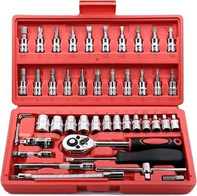 Egofine 46 Pieces 1/4 inch Drive Socket Ratchet Wrench Set, with Bit Socket Set Metric and Extension Bar for Auto Repairing and Household, with Storage Case