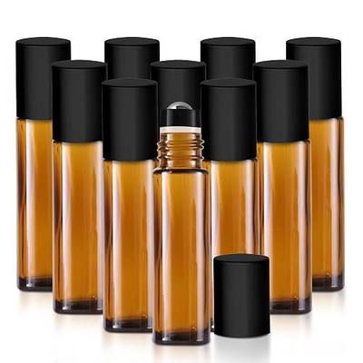 Your Oil Tools 10 Pack Essential Oil Roller Bottles, 10ml Empty Amber glass bottle with Leak Guard Stainless Steel Roller Balls & Black Caps for oils and perfume