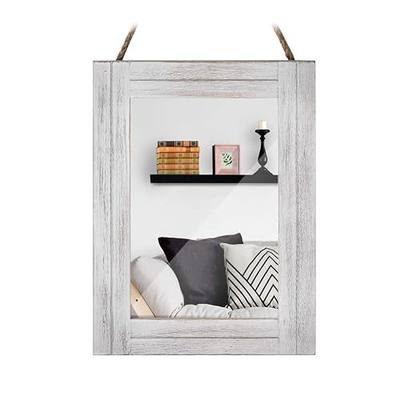 Rectangle Wall Mirror for Bathroom, Distressed White Wood Decor with Hanging Rope for Rustic Home Decor, Vanity, Living Room 12"×16"