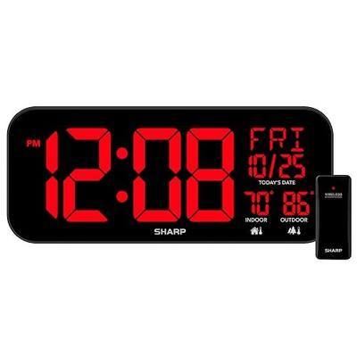 Sharp 14" Jumbo Digital Wall Clock, 4" LED, Indoor/Outdoor Temp, Black | Calendar and day display, wireless outdoor sensor, dimmer, tabletop stand, 9-ft adapter, battery backup, office, classroom