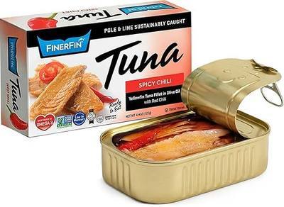 FinerFin Premium Spicy Chili Yellowfin Tuna Fillets in Organic Extra Virgin Olive Oil, 4.4 oz | Hand Cut | Gourmet Ready-to-Eat Fillets | Gluten Free | Kosher
