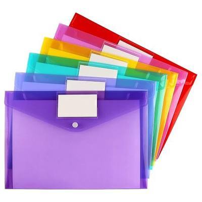 6 Pack Clear Document Folders Plastic Envelopes, A4 Size, 6 Colors | Poly Envelopes File Envelopes with Label Pocket and Snap Button, for Home Work Office Organization