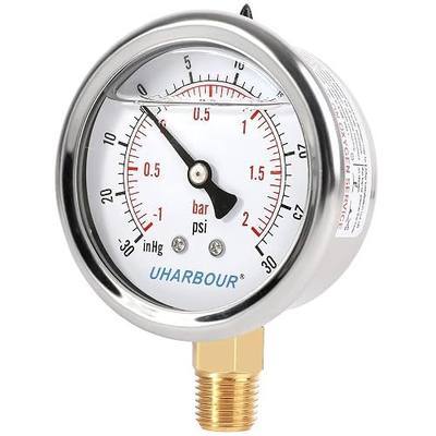 UHARBOUR Glycerin Vacuum Pressure Gauge, 2-1/2" Dial 1/4" NPT Bottom | Stainless Steel Case -30HG/30PSI Dual Scales Meter, Brass Movement, Lower Mount