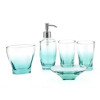 Bathroom Accessory Set Green, Lead-Free Glass 5-Piece Bath Ensemble Gift Includes Soap Dispenser, Toothbrush Holder, Tumbler Cup, Soap Dish for Home Kitchen Hotel