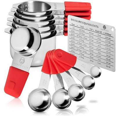 Measuring Cups And Measuring Spoons Set - Metal Stainless Steel Kitchen Measuring Set - Stackable Nesting Red Magnetic Measuring Cups For Cooking And Baking Food - Gordo Boss.