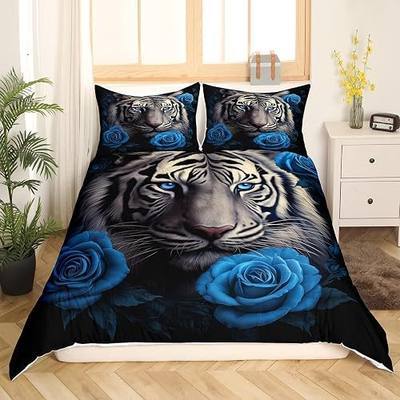 Feelyou Kids 3D Tiger Duvet Cover Set Blue Rose Tiger Printed Bedding Set Twin Size for Teens Boys Girls Wild Animal Theme Comforter Cover Soft Microfiber Quilt Cover for All Season,No Comforter