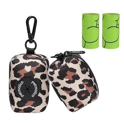 Petmolico Dog Poop Bag Holder Dispenser 2 Pack, Leopard | Zippered pouch fits any leash, includes free roll of bags, lightweight & portable for daily walks, travel & outdoor use