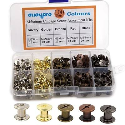 100 Sets Chicago Screws Assorted Kit 5 Color Leather Rivets Screw Rivets Flat Fillister Book Binding Posts Nail Rivet Chicago Bolts for DIY Leather Craft Black Silver Golden Bronze (Colours 5×6mm)