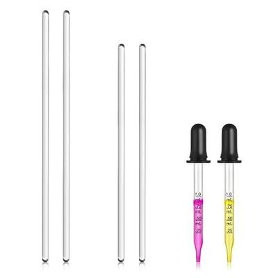 4PCS Glass Stir Sticks Lab Glass Stirring Rod 8"X2 10"X2 with Both Ends Round and 2PCS Glass Graduated Droppers 4"X2 for Science Lab, Kitchen Science Education (6)