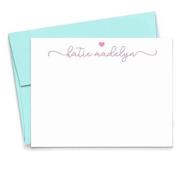 Cute Personalized Stationery Girls, Personalized FLAT Stationery with Heart for Girls Stationary with Envelopes Set, Custom Note Cards, Your Choice of Colors and Quantity
