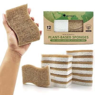 AIRNEX Natural Kitchen Sponges (12 Pack) - Biodegradable Cellulose & Coconut Scrubber Dish Sponges for Kitchen - Eco-Friendly, Non Scratch, Compostable, Non Toxic S-Shaped Natural Sponges for Dishes