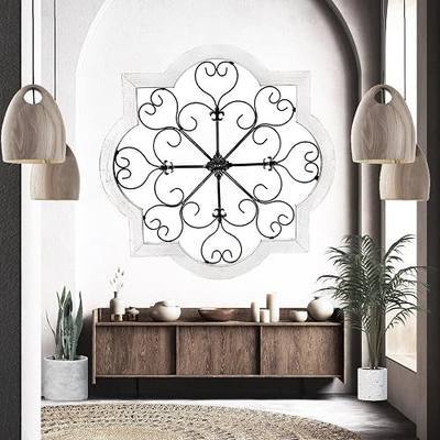 Bellaa 23936 Metal Wall Art Wood Frame Rustic Retro Farmhouse Barn Home Decor Modern Medallion Flower Fleur De Lis Round Scroll Panel Plaque Wrought Iron Old World Sculptures 24 inch Large