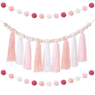 Syhood 3 Pcs 79" 2 Pom Pom Garland Wall Decor and 36" 1 Boho Tassel Garland with Wood Beads Western Colorful Boho Rainbow Classroom Decor for Party Wedding Baby Shower Home Decoration(Vivid Colors)