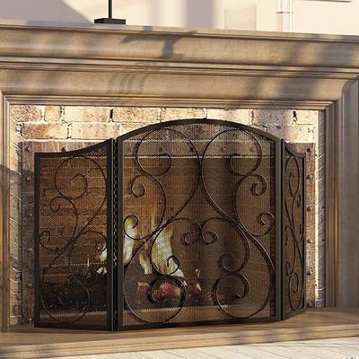 Fire Beauty Fireplace Screen 3 Panel Wrought Iron Metal 48"(L) x30(H) Spark Guard Cover(Sanded Black)