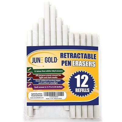 June Gold 12 Pack of Retractable Pen Eraser Stick Refills | Latex-free, white vinyl, & precision erasing