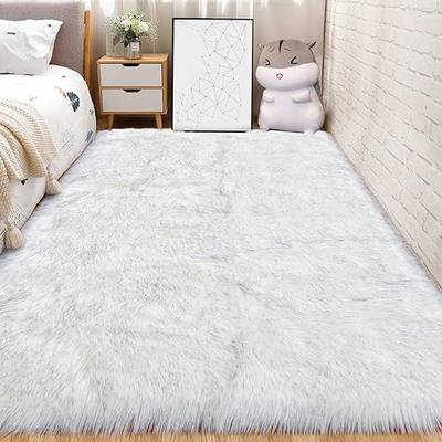 Andecor Soft Fluffy Faux Fur Bedroom Rugs 3 x 5 Feet Indoor Wool Sheepskin Area Rug for Girls Baby Living Room Chair Sofa Home Decor Floor Carpet, White with Grey Tip