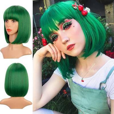 Green Bob Wig With Bangs Straight Hair Synthetic Wigs for Women Colorful Cosplay High Temperature Heat Resistant Wig 10 Inch