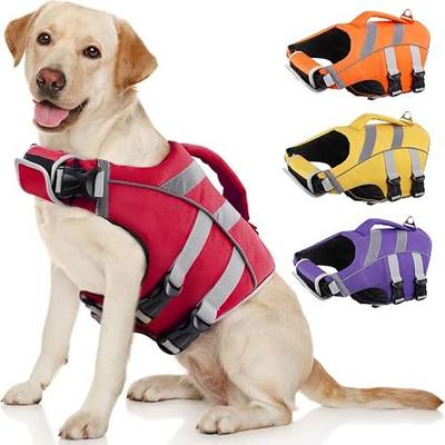 Kuoser Reflective Dog Life Jacket, Dog Life Vest for Swimming Boating | Adjustable Pet Lifejackets, High Flotation Doggie Swimsuit with Rescue Handle for Small Medium Large Dogs