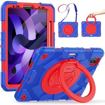 SCSVPN Kids Case for iPad Air 5th/4th Generation 10.9-inch 2022/2020 & iPad Pro 11'' 4th/3rd/2nd/1st Gen 2022 2021 2020 2018 Protection Case with Pen Holder, Stand, Handle, Shoulder Strap, Red Blue