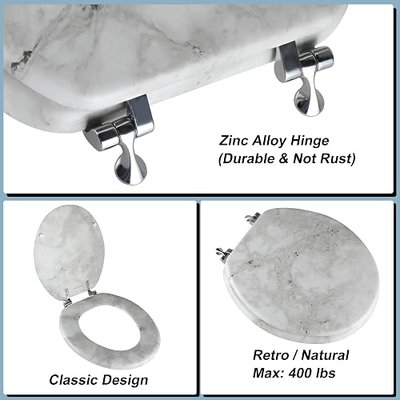 Round Marble Toilet Seat Natural Wood Toilet Seat with Zinc Alloy Hinges, Easy to Install also Easy to Clean, Anti-pinch Wooden Toilet Seat by Angol Shiold (Round, Gray)