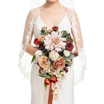 Ling's moment Bridal Bouquet Cascading Terracotta Wedding Bouquet for Bride | 13" Orange Teardrop Bouquet Artificial Silk Foam Flowers Rustic Handmade Rose Ceremony Anniversary Matching Bridesmaid Style