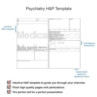"Psychiatry H&P Notebook Medical History and Physical notebook, 100 medical templates with perforations "