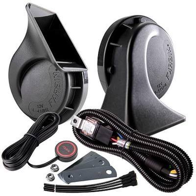 FARBIN Loud Truck Horn 12v Air Horn Loud Car Horn Kit with Switch Button | Black classic design, waterproof, 12V 130dB, with relay wiring harness and push button switch, universal for any 12V vehicles