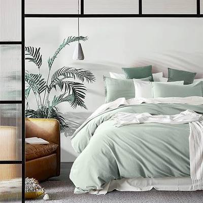 Get Bed Ready Stone Washed Cotton Casual Duvet Cover Set Solid Color Relaxed Modern Style Bedding Natural Wrinkled Lived-in Look (Celadon Ice, Queen)