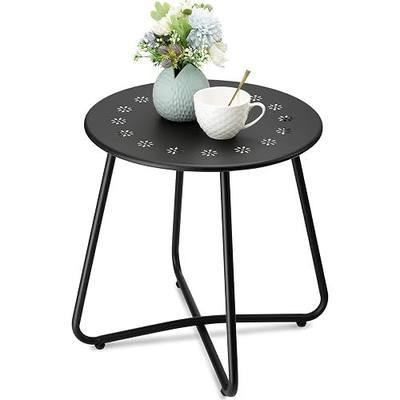 danpinera Outdoor Side Tables with Flower Cut Outs, Weather Resistant Steel Patio Side Table, Small Round Outdoor End Table Metal Side Table for Patio Yard Balcony Garden Black