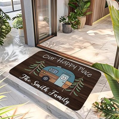 Personalized Camper Doormat Our Happy Place Custom Camping, Rv Door Mat with Family Name 24" X 16" Indoor Outdoor Funny Entrance Camp Welcome Door Mat Area Rug Decor