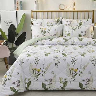FADFAY Daisy Floral Comforter Set, Queen Size Cotton Fabric Lightweight Summer Quilt Printed Bedding Microfiber Filled Soft Daisy Botanical Green Leaves Down Reversible Bedding 3 Pcs