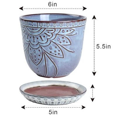6 Inch Beaded Ceramic Planter Set of 2 White,with Drainage Hole and Saucer for Plants,Planters Indoor&Planters Outdoor(Smoked White,for Inner-pots not Larger Than 5 Inch)