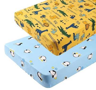 Stretchy Crib Sheets Set 2 Pack Ultra Soft Jersey Knit Penguin Crocodile Monkey Portable Crib Mattress Topper for Baby Boy Girl,Full Standard Blue Yellow Green