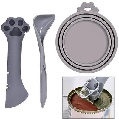 mwellewm 3Pcs Pet Food Can Supplies Set Universal Silicone Can Covers Cat Can Lids Multifunctional Mini Spatula Pet Can Opener and Dog Spoons for Pets Dogs Cats Feeding Can (Grey)