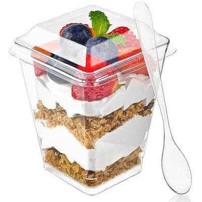 Zezzxu 5 oz Small Dessert Cups with Lids and Spoons, 150 Pcs Serves 50 | Mini Plastic Dessert Shooters Cups, Banana Pudding Cups, Jello Cups, Parfait Cups with Lids, Appetizer Cups for Parties