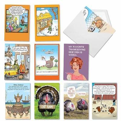 NobleWorks 10 Assorted Funny Thanksgiving Greeting Cards Bulk Box Set w/Envelopes. Retro Humor holiday Note Card Variety Pack for Man and Women (10 Designs, 1 Each) Turkey Time AC9505TGG-B1x10
