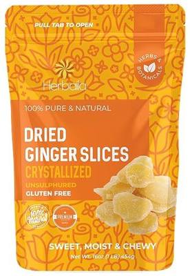 Herbaila Dried Crystallized Ginger Slices 16 oz. Unsulphured Dried Ginger Candy, Crystalized Ginger Pieces. All Natural, Non-GMO