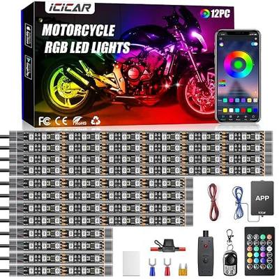Motorcycle LED Underglow Kit, icicar 12 Pcs APP/RF Control Multicolor Motorcycle LED Light Kit with Brake Turn Signal, IP68 Waterproof & Music Sync Ambient Light for Motorcycles