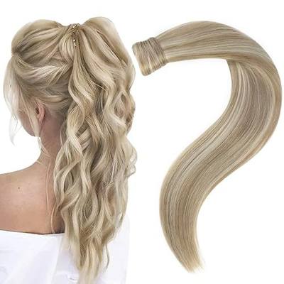 Easyouth Pony Tails Hair Extension Blonde Ponytail Extension Human Hair Golden Blonde Highlighted Blond Hair Extensions Invisible Wrap Around Ponytail Human Hair for Women Daily Work 12 Inch 70g