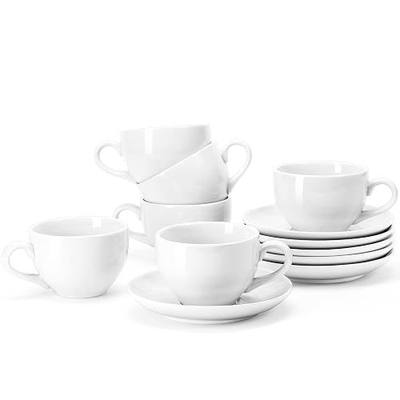Porcelain Coffee Cups Set with Saucer, 6 Ounce White Porcelain Cup and Saucer Set for Cappuccino, Coffee Latte, Coffee drinks and Tea, Set of 6 | Lead-Free Smooth Porcelain, For 1 Espresso Shot With Milk Or Foam, Flat White, Small Latte, Tea, Mocha, Latte Art, Easy Clean