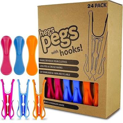 Hegs 24 Pack Multi-Color - The Smartest Heavy Duty Clothespins with Hooks - Hang 3 Garments at Once with Our Tough, Dual Hooks Clothes Pins with Anti-Rust Spring - Durable, Colorful Clothespins